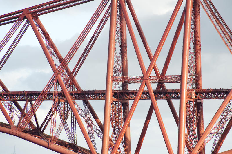 Detail of the structure of the cantilever Forth Rail Bridge, a historical landmark crossing the Firth of Forth in Edinburgh