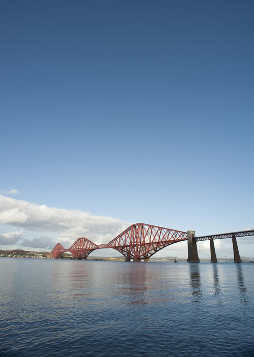a sunny day over the forth bridge and firth of forth, with lots of space for text in a clear blue sky
