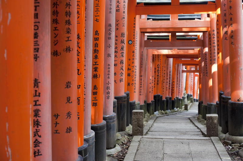 thousands of red torii gates line funari hill, near the Fushimi Inari-taisha shrine in kyoto, Japan