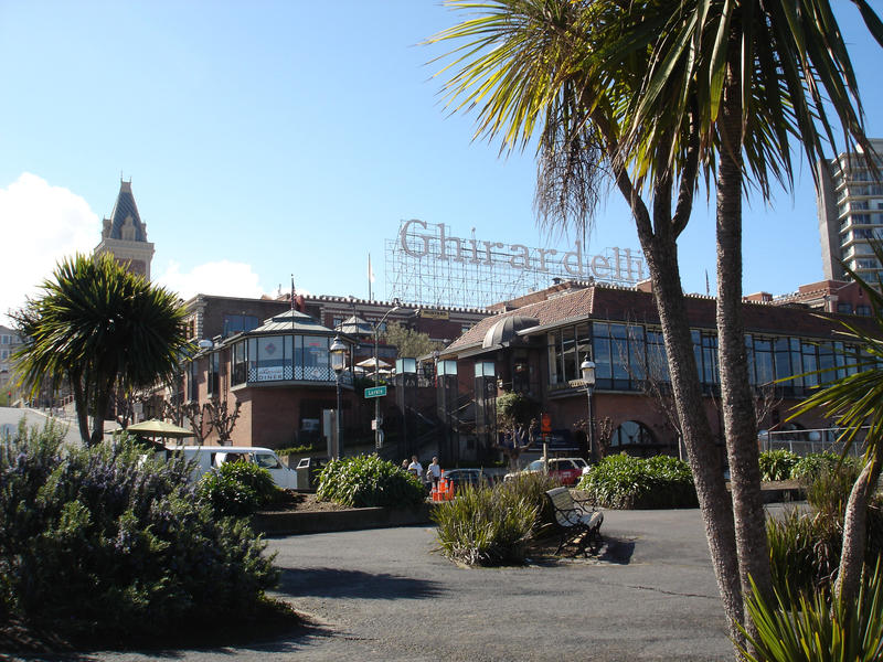 a view of the front of the ghirardelli chocolate factory, san francisco