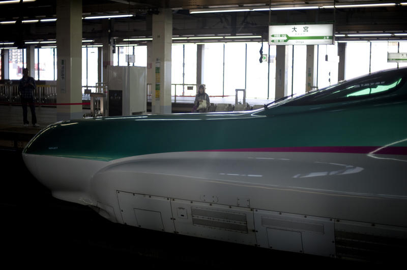 Hayabusa (Peregrine Falcon) or E5 shinkansen bullet train in a japanese railway station