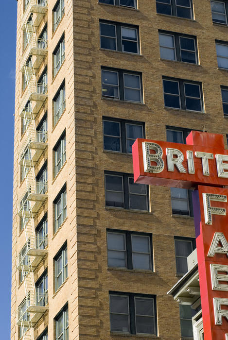 Architectural details, historic neon signage and old buildings in downtown san francisco - britex fabrics