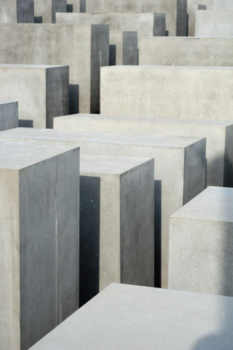 Closeup view of the many concrete slabs or cubes at the Holocaust Memorial, Berlin, Germany which commemorates the Jews who lost their lives