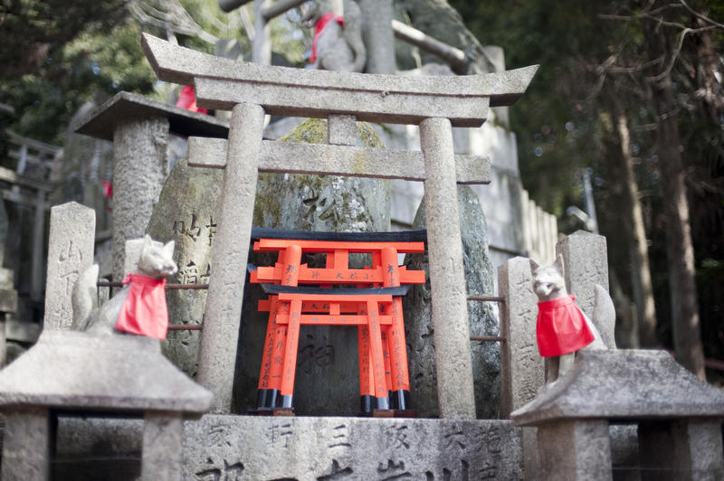 kitsune statues and torii gates at an Inari temple in Kyoto, Japan