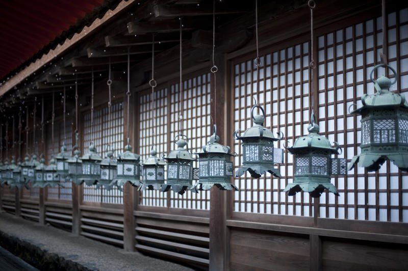 hanging brass lanterns or kondo-doro Kasuga Grand Shrine Kasuga-taisha, a Shinto shrine in Nara, Japan