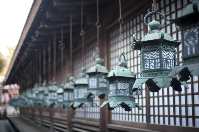 lines of brass lanterns or kondo-doro, at the Kasuga Grand Shrine Kasuga-taisha) a Shinto shrine in Nara, Japan