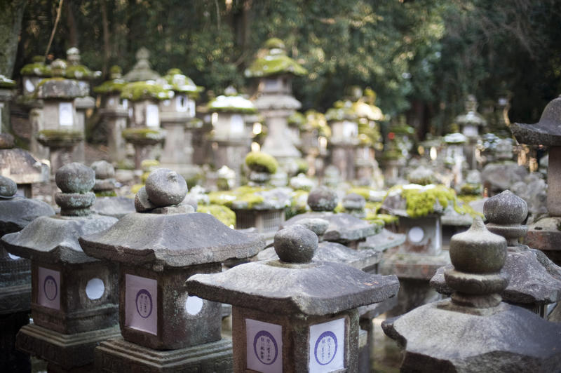 Tachi-doro (stone lanterns) of the kasuga-doro subtype located near the Kasuga Taisha Shrine complex, Nara, japan