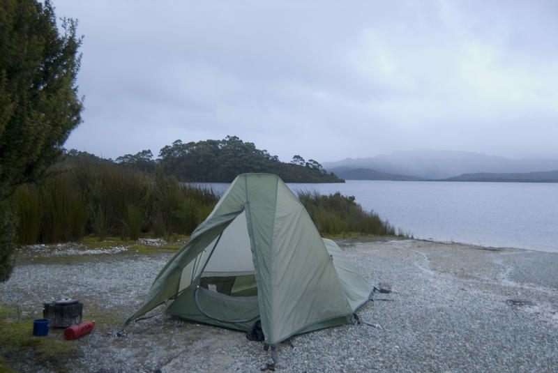 a tent pitched at teds beach, lake pedder