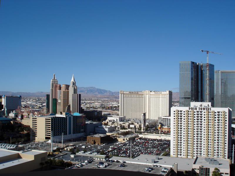 a skylne of hotel resort towers under a clear blue desert sky, las vegas, nevada