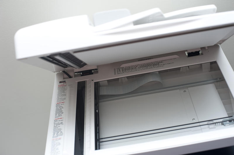 Open office laser scanner showing the glass surface on which the document to be scanned is placed