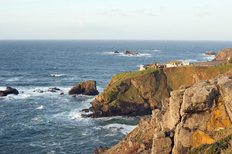 Buildings clustered on Lizard Point on the Lizard Peninsula, Cornwall, which is the most southerly tip of the United Kingdom