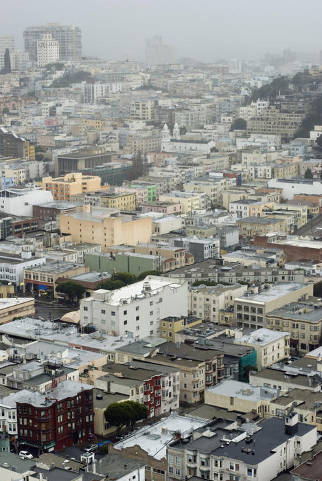 looking down on the streets of san francisco on a wet rainy day