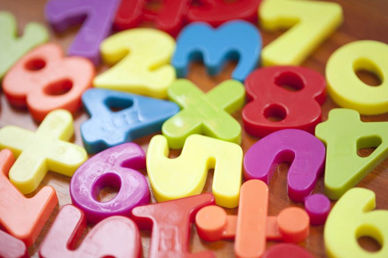 Colourful plastic mathematical numbers and symbols for use in teaching young children the basics of addition, subtraction, multiplication and division