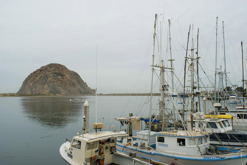 overlooking morro bay docks with fishing boats towards morro rock