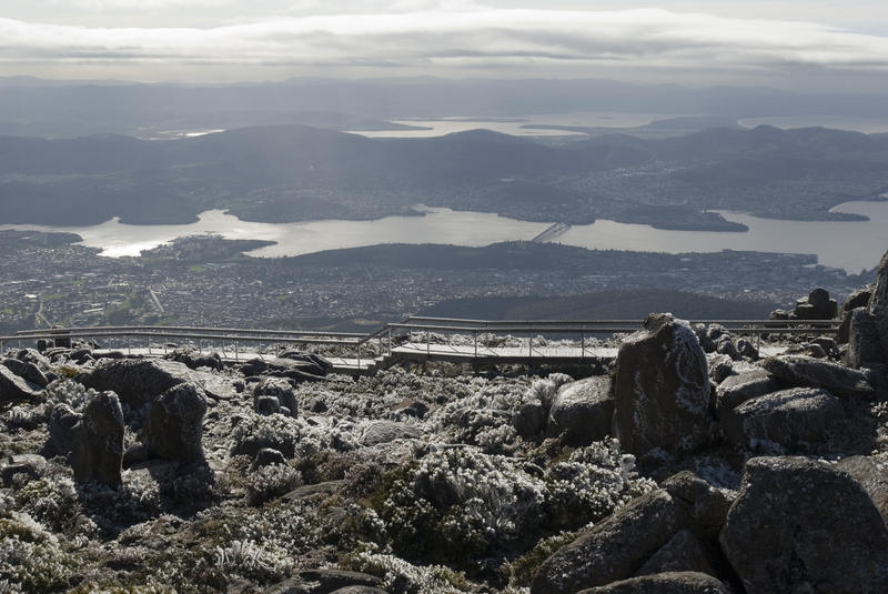 hobart and the derwent river with a frosty foreground seen on mount wellington, tasmania