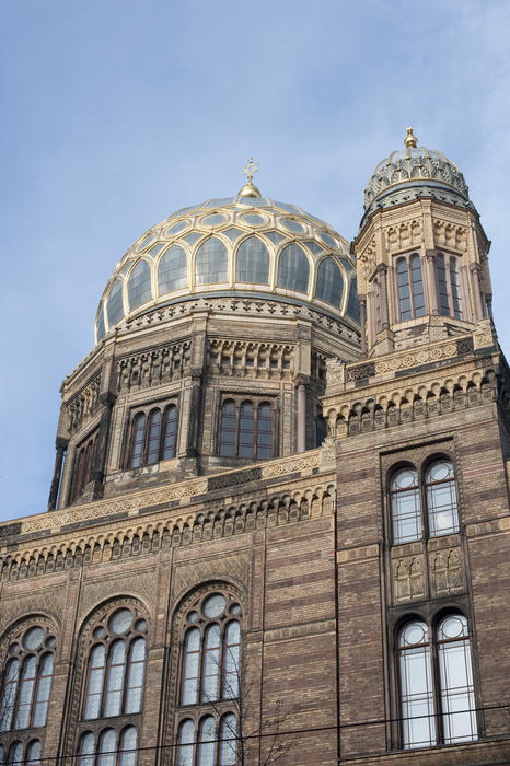 Exterior of the New Synagogue, Berlin showing the Moorish facade and restored gilded dome