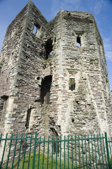 Low angle view of a hexagonal stone tower in the Newport Castle Ruins, Wales