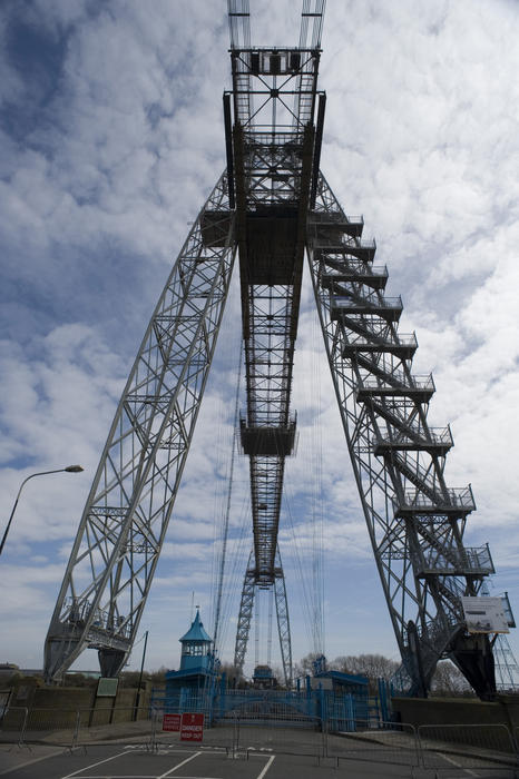 gates and bridge sctructure of the Historic Transporter Bridge crossing the River Usk in Newport, Wales