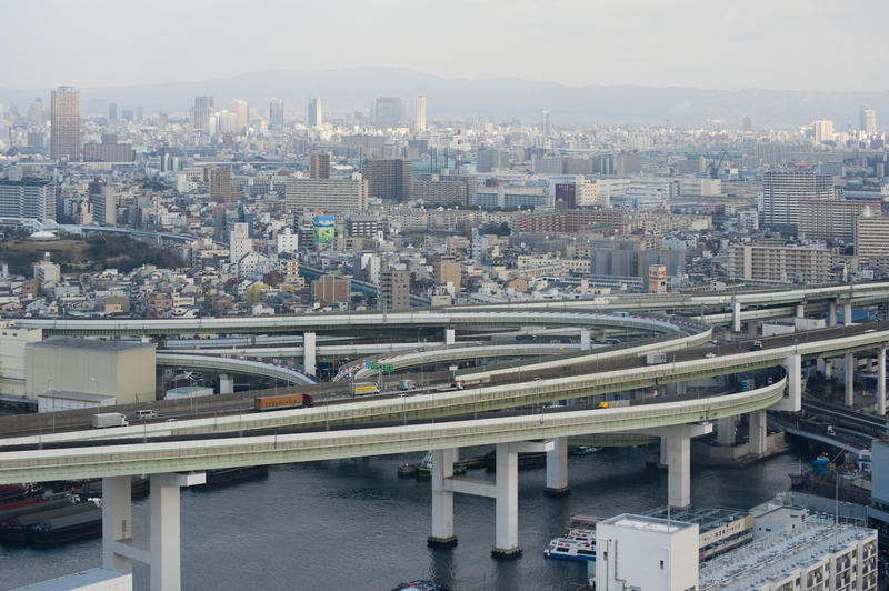 Complex road network and high rise buildings in modern osaka, Japan