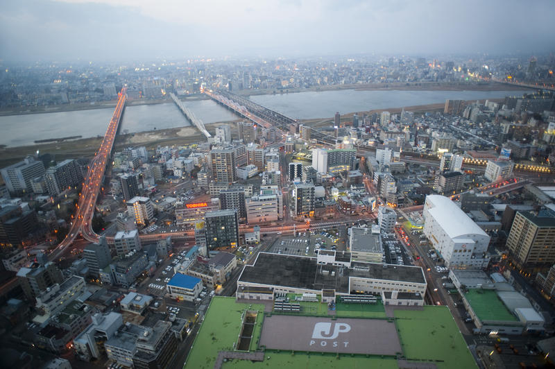 a view of osaka and the Yodo river from above