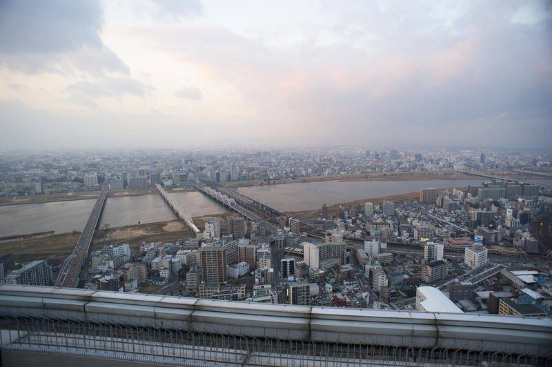 a view of yodo river and bridge crossings, Osaka, Japan