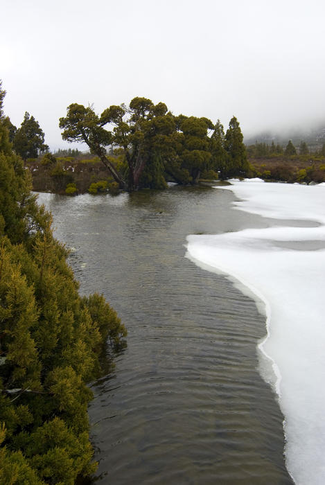 partly frozen over, pine lake, central highlands, alpine tasmania