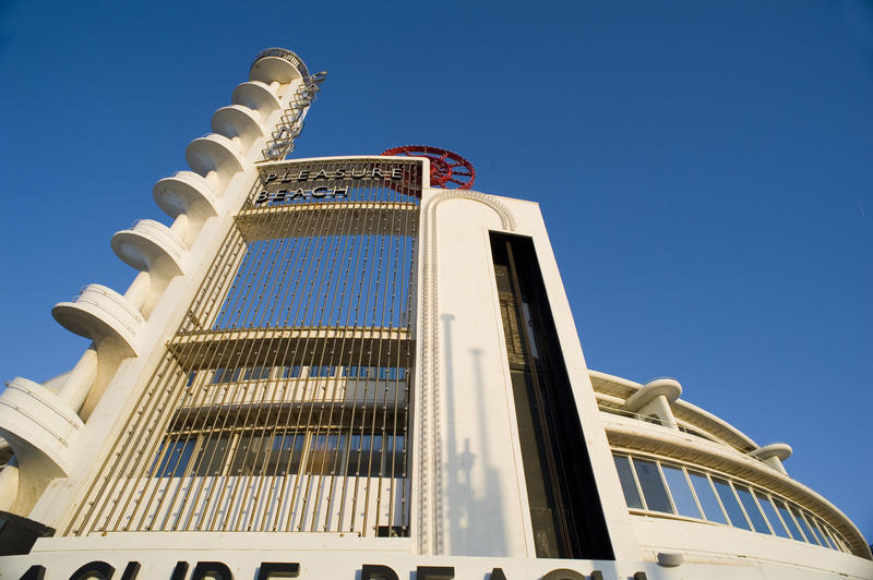Low angle view of the external facade of the Blackpool Plesurebeach amusement park and resort