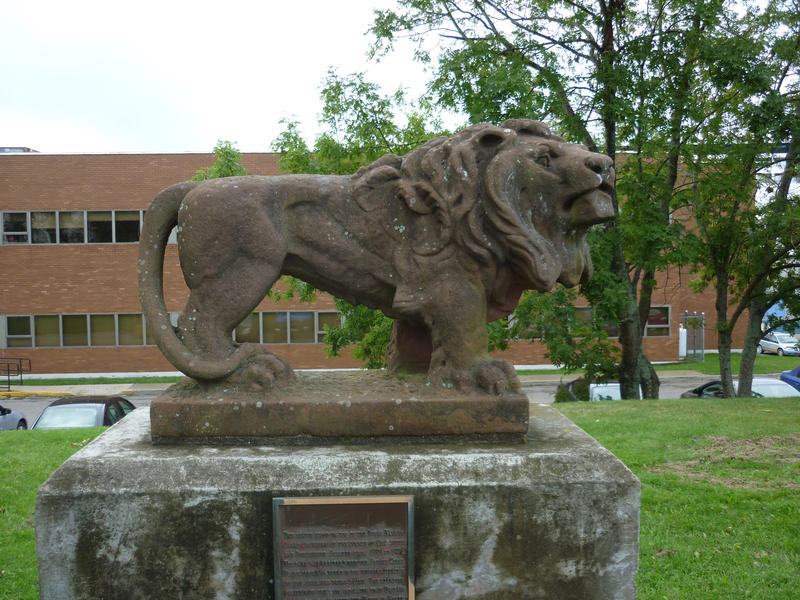 Lion statue symbolic of the Royal Bank, Nova Scotia, which used to stand on the rooftop of the building but has now been moved down top a park near th wharf