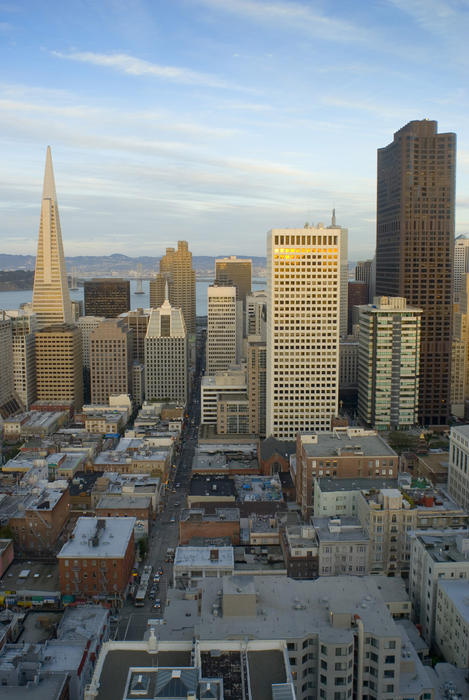 sunset over the tall buildings of central sanfrancisco