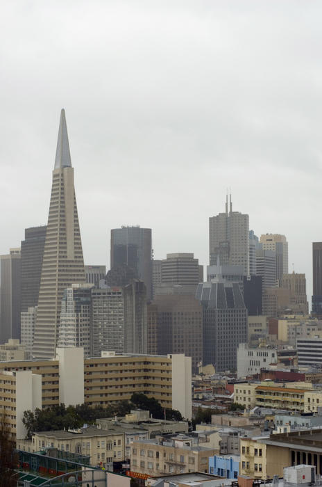 finanical district on a rainy misty day