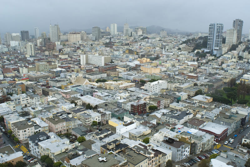 looking down on urban san francisco on a stormy day
