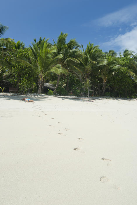 Footprints on the sand of an idyllic tropical beach leading into the distsance where a person can be seen lying in the shade of a palm tree