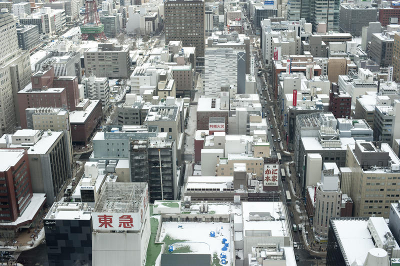 looking down on the city of Sapporo in winter as viewed from the JR tower