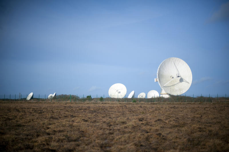 Landscape view of the giant parabolic satellite antennae at the Goonhilly Earth Station, Lizard Peninsula, Cornwall