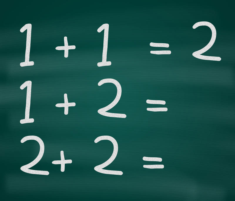 Education background with a green blackboard with simple sums handwritten in chalk for teaching kindergarten children mathematics