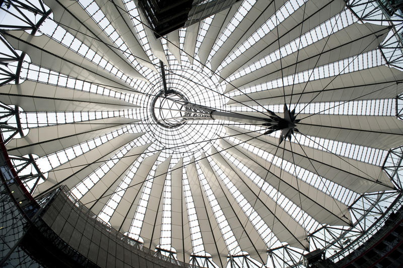 Architecture erected during the redevelopment of the Potsdamer Platz with a view looking up into the roof of the Sony building