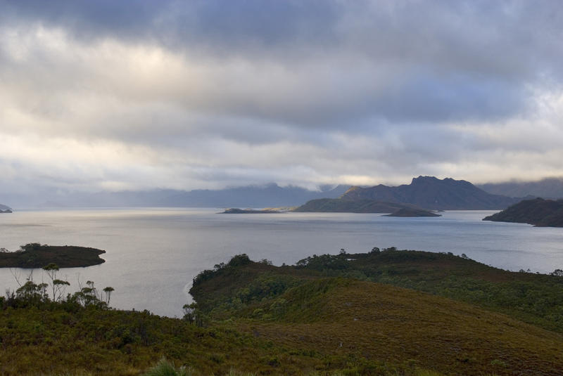 dramatic cloudy panoramic view of lake pedder, southwest wilderness, tasmania