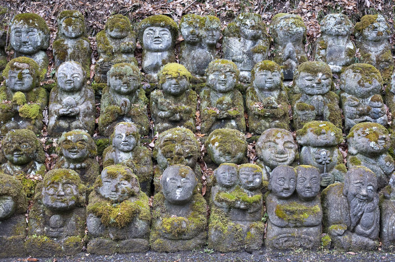 Rows of buddhist Rakan sculptures at Otagi Nenbutsu-ji, Kyoto, Japan