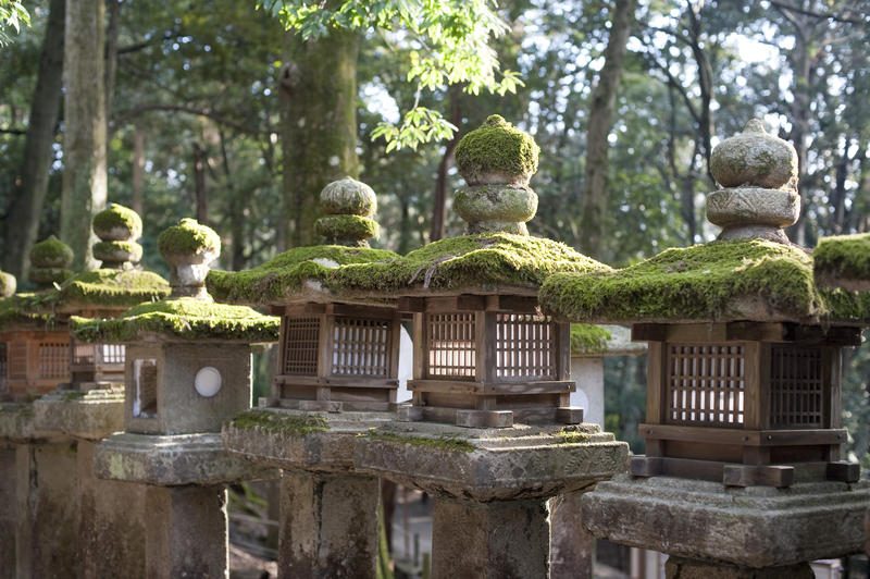 moss covered stone lanterns or Tachi-doro located near the Kasuga Taisha Shrine complex, Nara, Japan