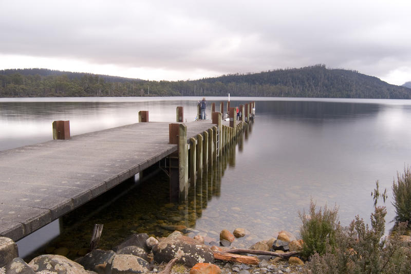 a jetty on lake saint clair, tasmania