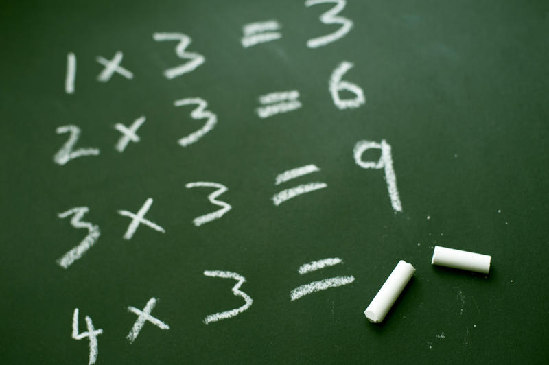 Basic mathematical table on blackboard written with white chalk
