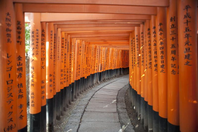 a tunnel of red torri gates at the Fushimi Inari-taisha shrine, Kyoto, Japan