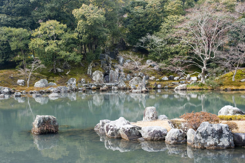 reflections on the still waters of the The Sogen Pond zen graden, World Heritage Site, Kyoto, Japan