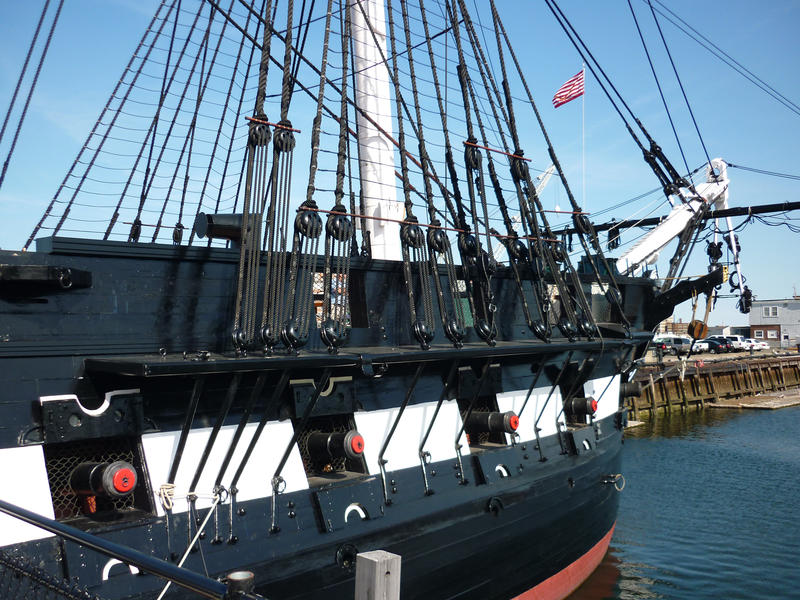 USS Constitution, a historical three-masted wooden frigate belonging to the US Navy which has been fully restored and now serves as a museum, in harbour in Boston