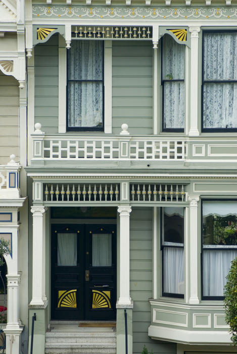 Details of historic wooden house fronts, alamo square, san francisco - not property released