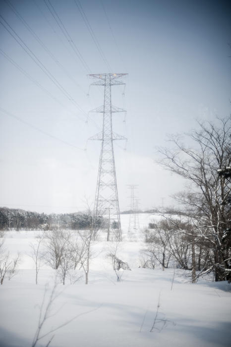 power lines crossing a cold winter landscape