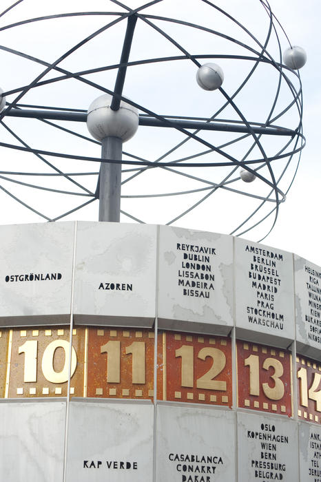 Weltzeituhr or World Clock on Alexanderplatz, Berlin, an astronomical timepiece with 24 international time zones marked by major cities on the cylinder under the revolving sculpture of the planets