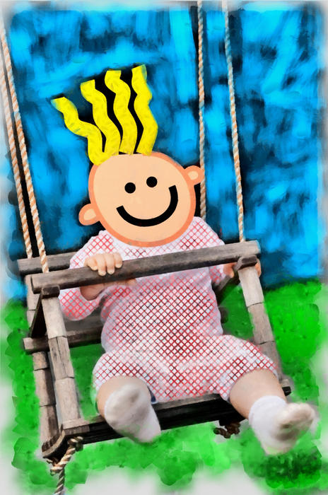 <p>A cartoon baby playing in a swing.</p>
