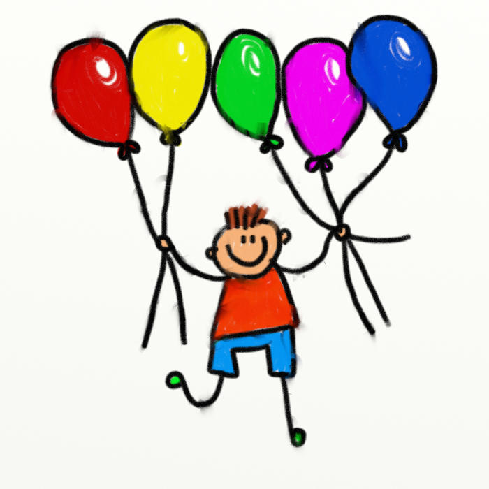 <p>Cartoon stick boy holding a bunch of balloons.<br />
</p>