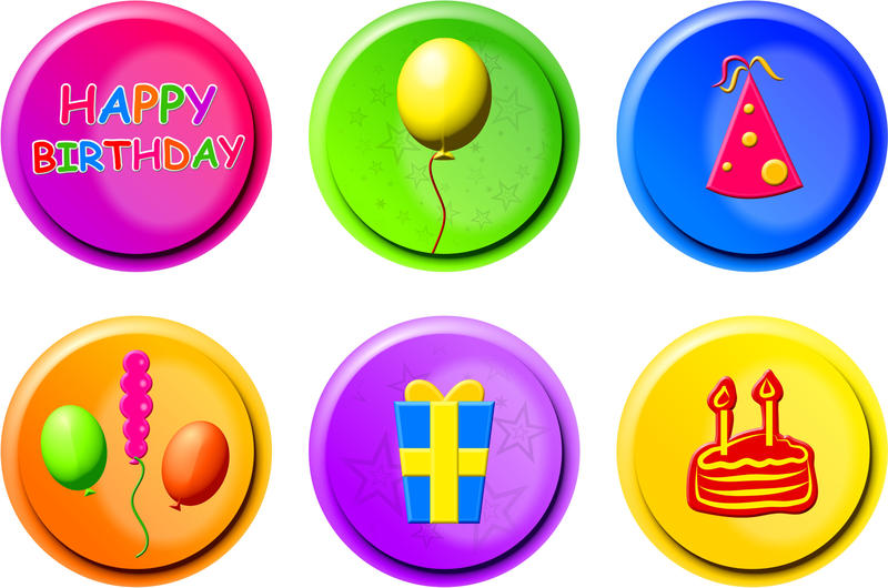 <p>Birthday buttons clip art illustration.</p>
